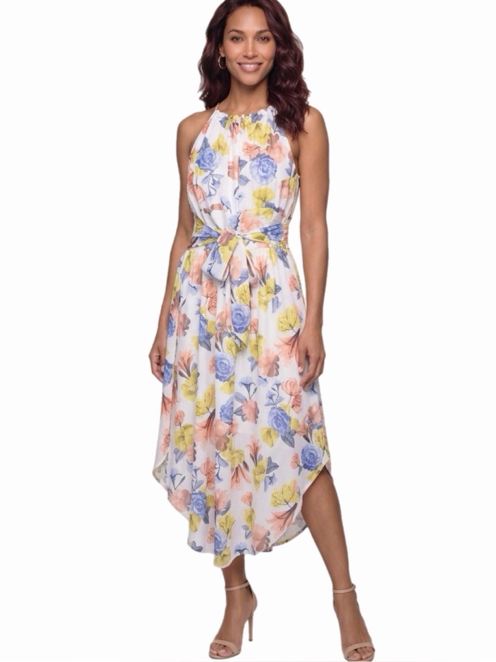 NSR Floral High-Low Midi Dress With Slit Back, Attached Tie, Made in USA Small